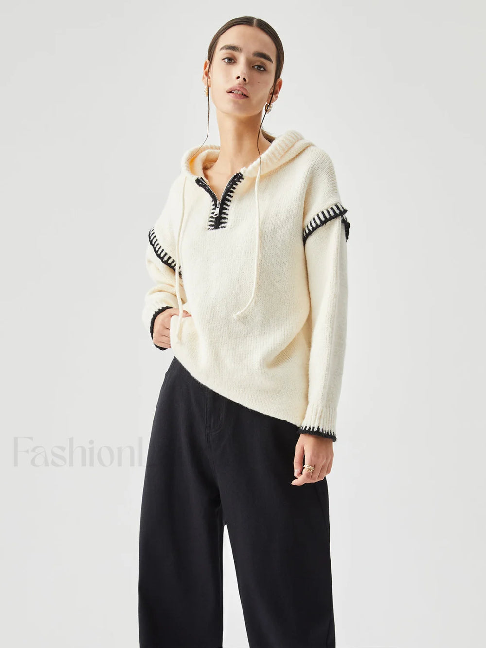 Zippered Hooded Graceful Contrast Trim Sweater Sweaters L