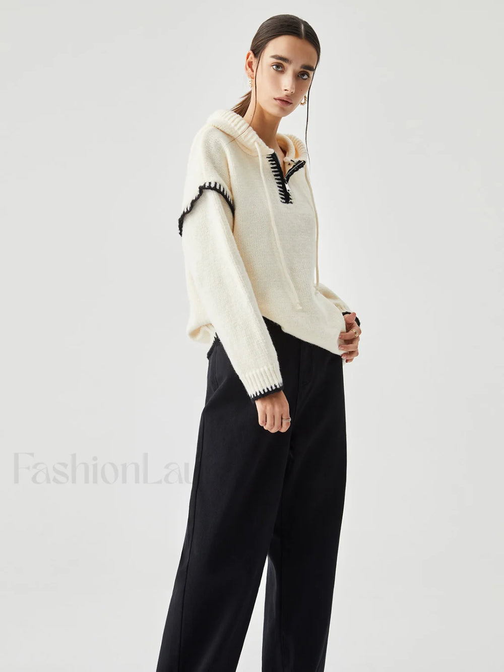 Zippered Hooded Graceful Contrast Trim Sweater Sweaters L