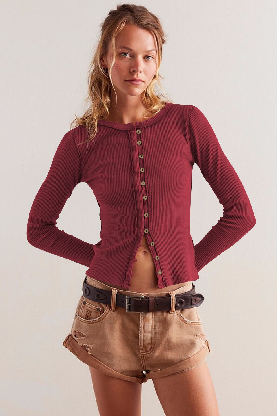 Solid Color Ribbed Cardigan Secondary image