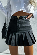 Pleated Paneled Denim Mini Skirt