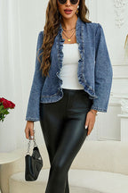 Ruffle Trim Fitted Denim Jacket