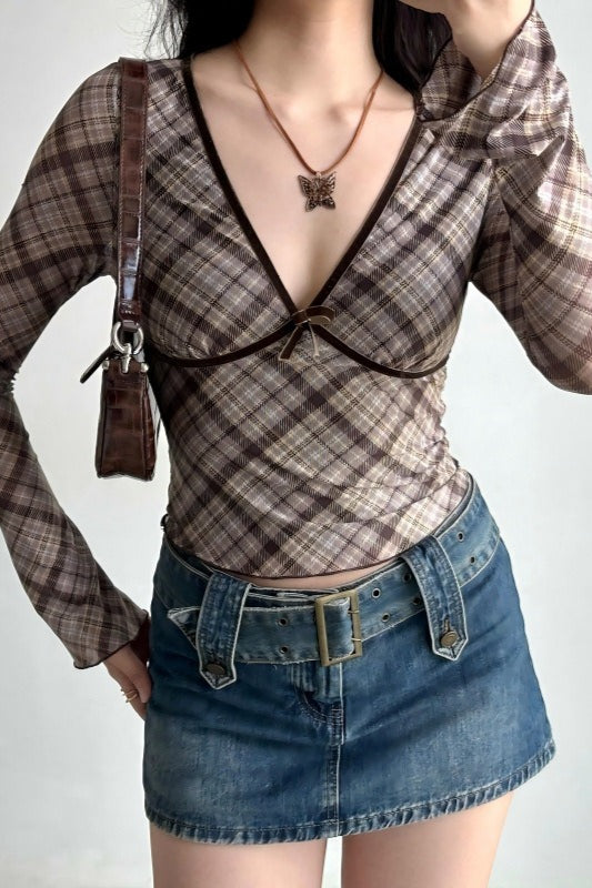 Deep V Neck Plaid Bodycon Cropped Long Sleeve Tee Main image
