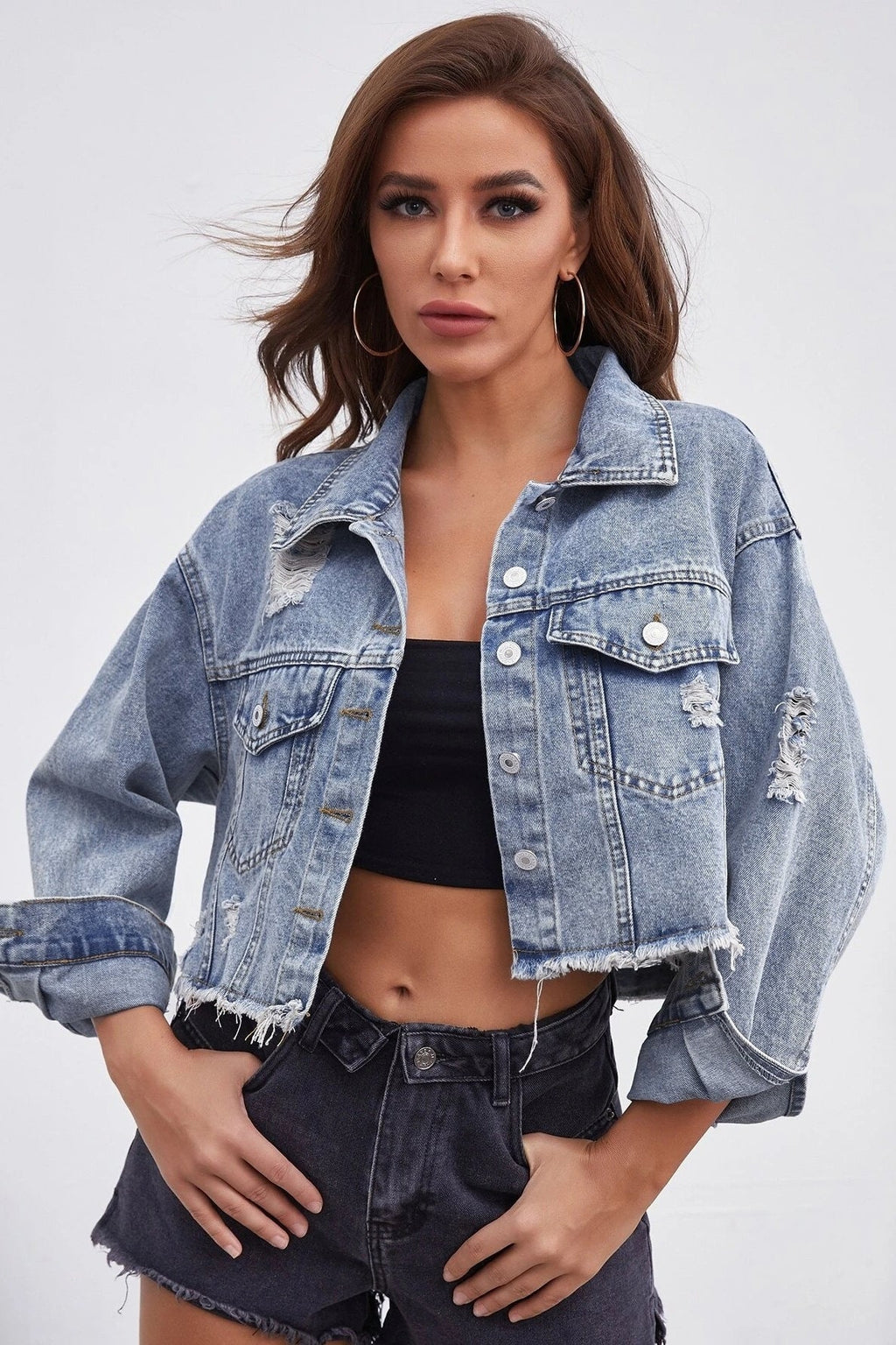 Distressed Raw Hem Denim Jacket Blue / XS