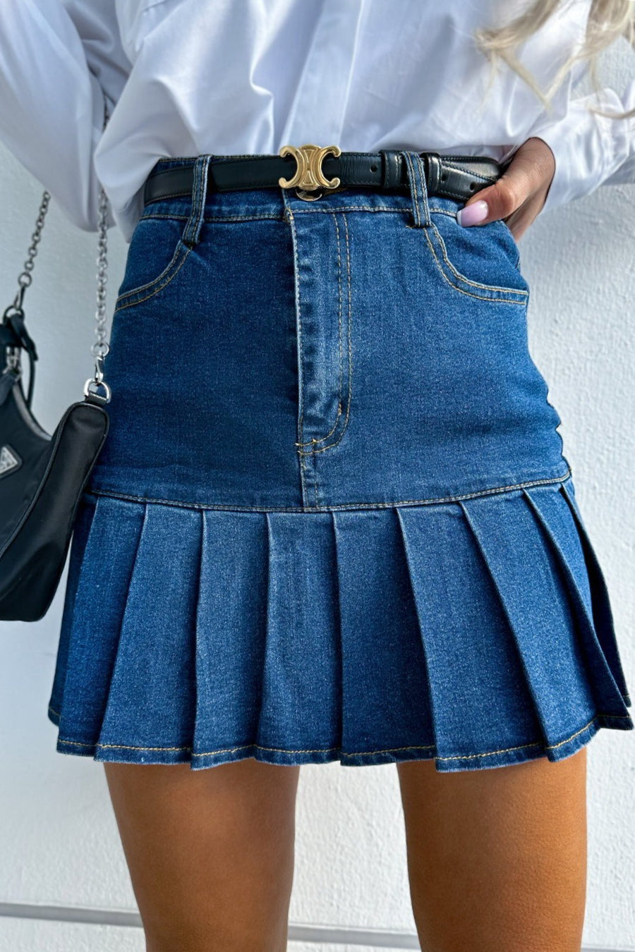 Pleated Paneled Denim Mini Skirt