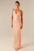 Halter V Neck Stretch Satin Cocktail Dress