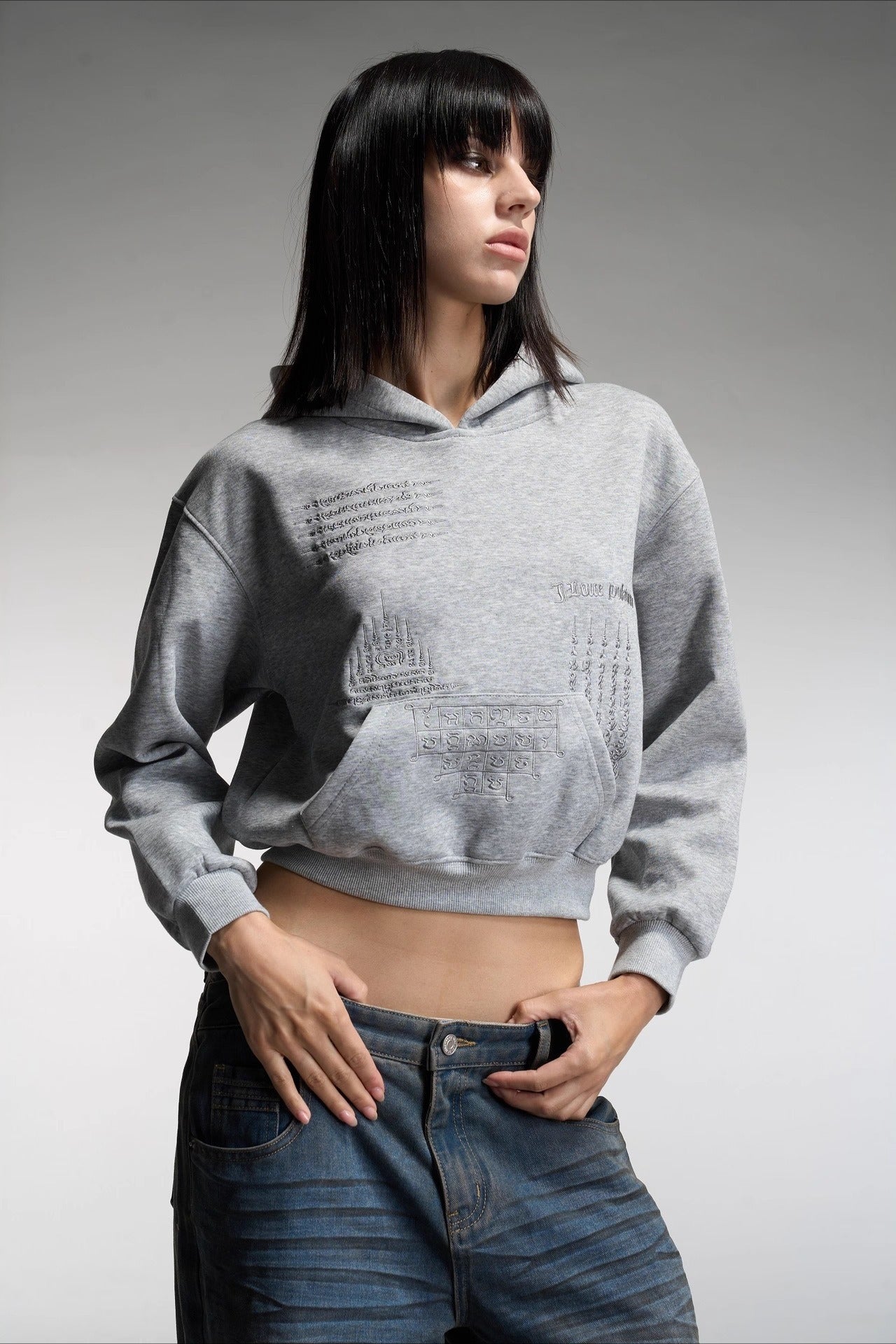 Embroidered Cropped Pullover Hoodie