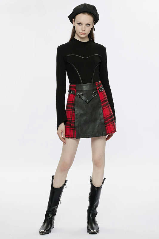 Women's Metal Plaid Buckle Personality Daily Splicing Rivet A-Line Black+Red Belt Mini Skirt