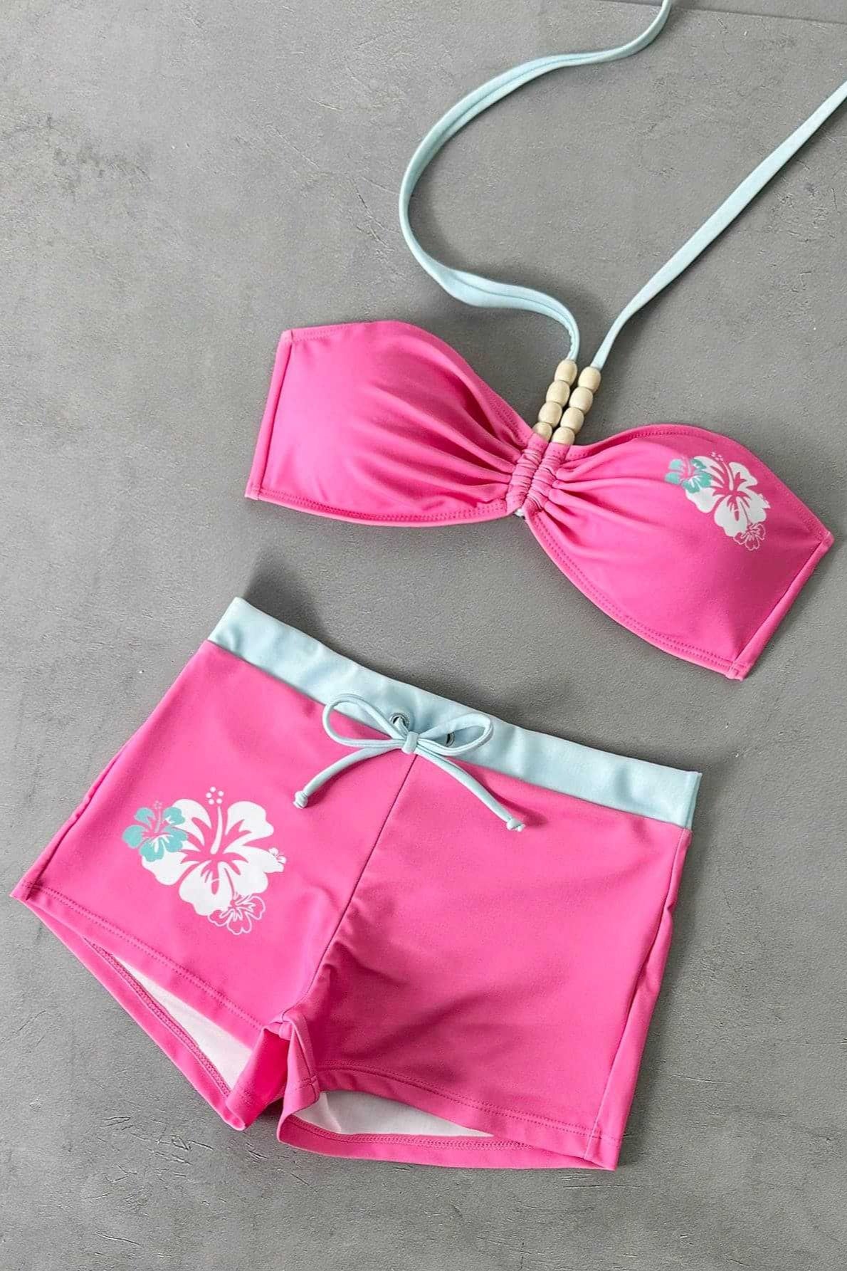 Color Block Printed Halter Bandeau Two Piece Swim Set