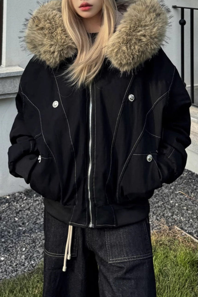 Black Short Puffer Fur Collar Jacket S / Black Main image