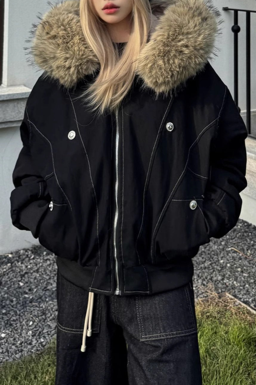 Black Short Puffer Fur Collar Jacket S / Black Main image