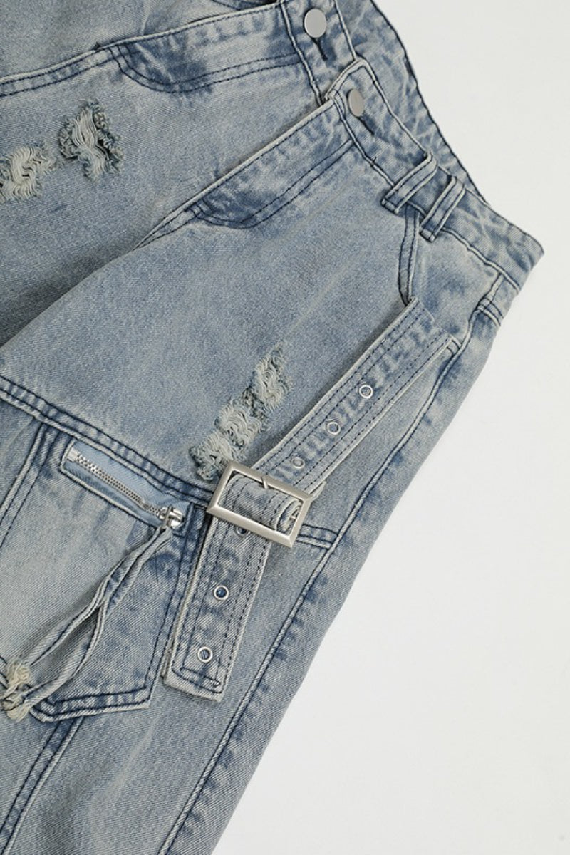 Washed Buckle Cargo Wide Leg Jeans
