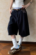 Plaid Pocket Denim Bermuda Jeans