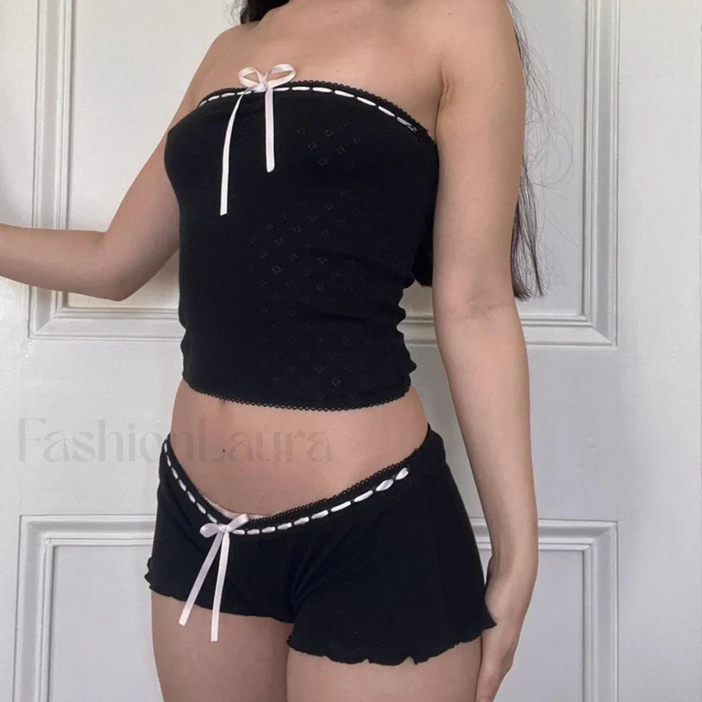 00s Ribbon Lace Trim Strapless Tube Top Shorts Two Piece Set