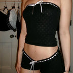 00s Ribbon Lace Trim Strapless Tube Top Shorts Two Piece Set