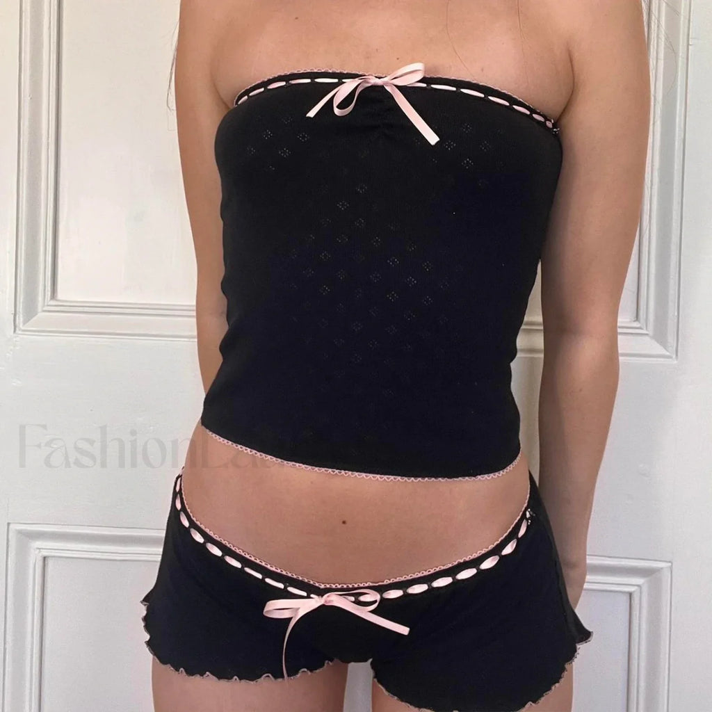 00s Ribbon Lace Trim Strapless Tube Top Shorts Two Piece Set PINK / S