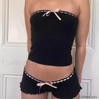 00s Ribbon Lace Trim Strapless Tube Top Shorts Two Piece Set PINK / S