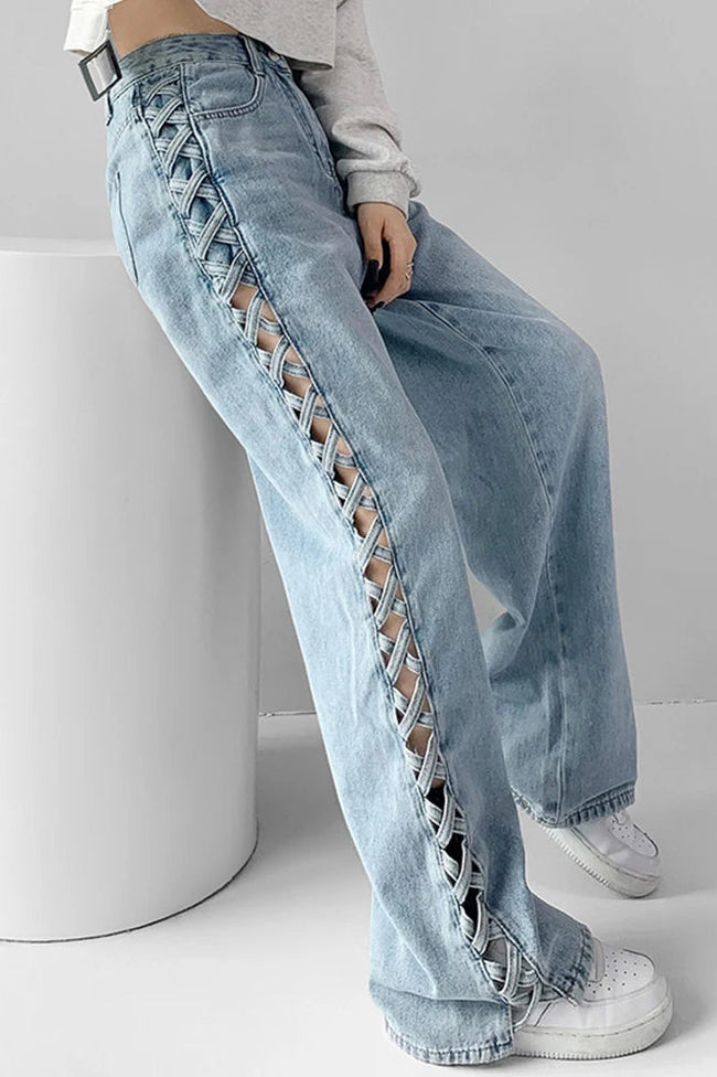 Side Braided Cutout Wide Leg Jeans Light Blue / S Main image