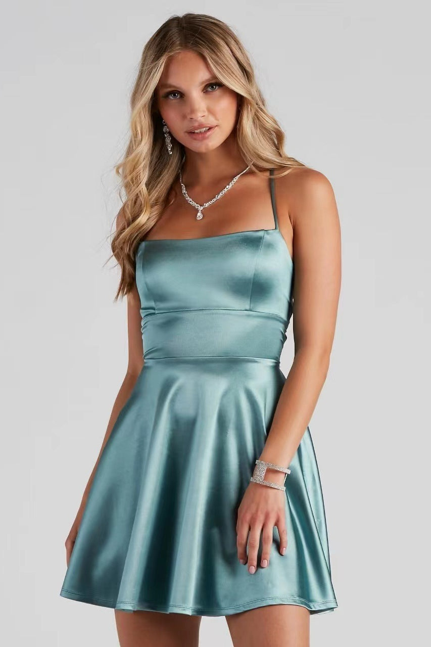Satin Square Neck Lace Up Cocktail Dress