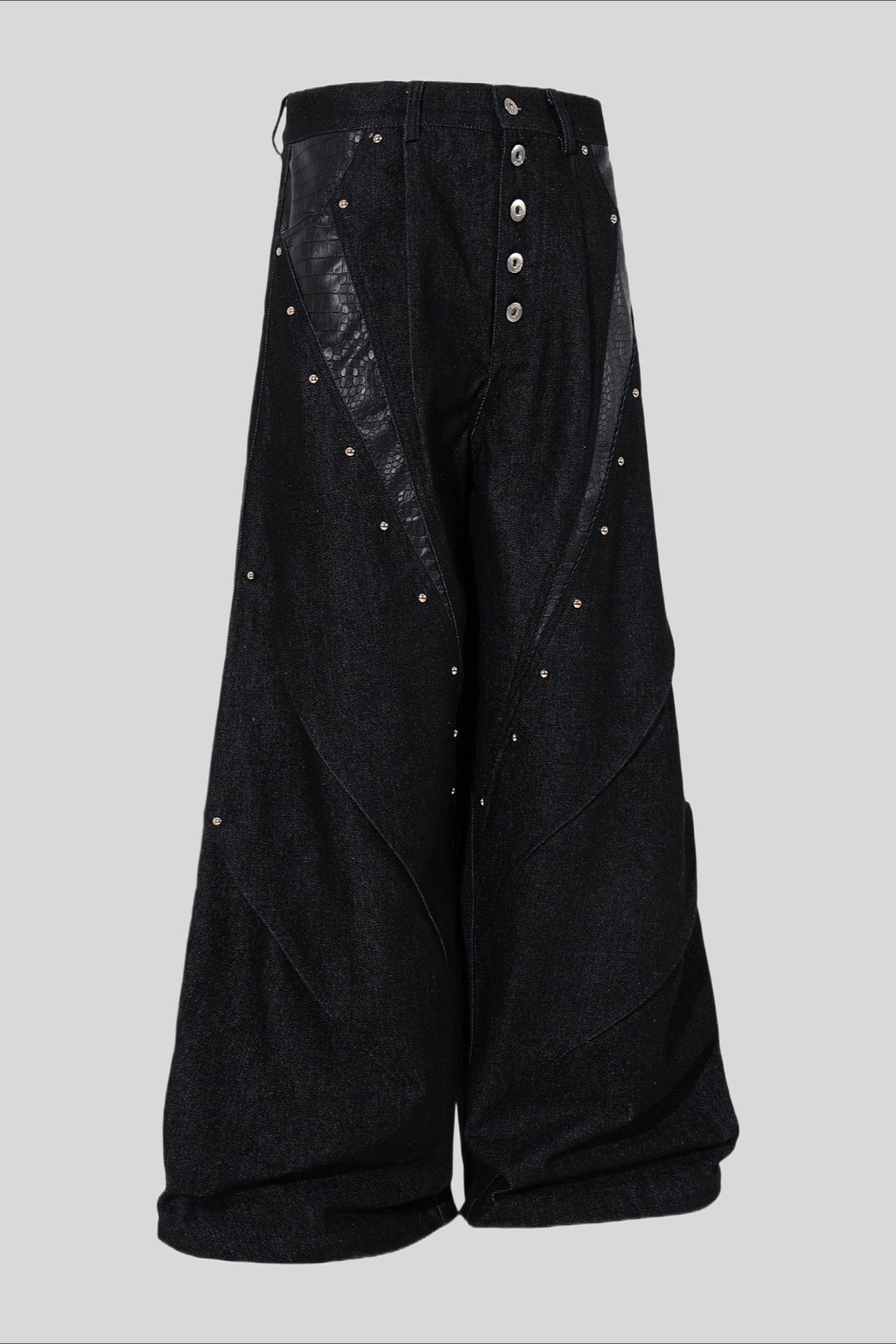 Studded Faux Leather Patchwork Wide Leg Pants
