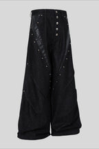 Studded Faux Leather Patchwork Wide Leg Pants