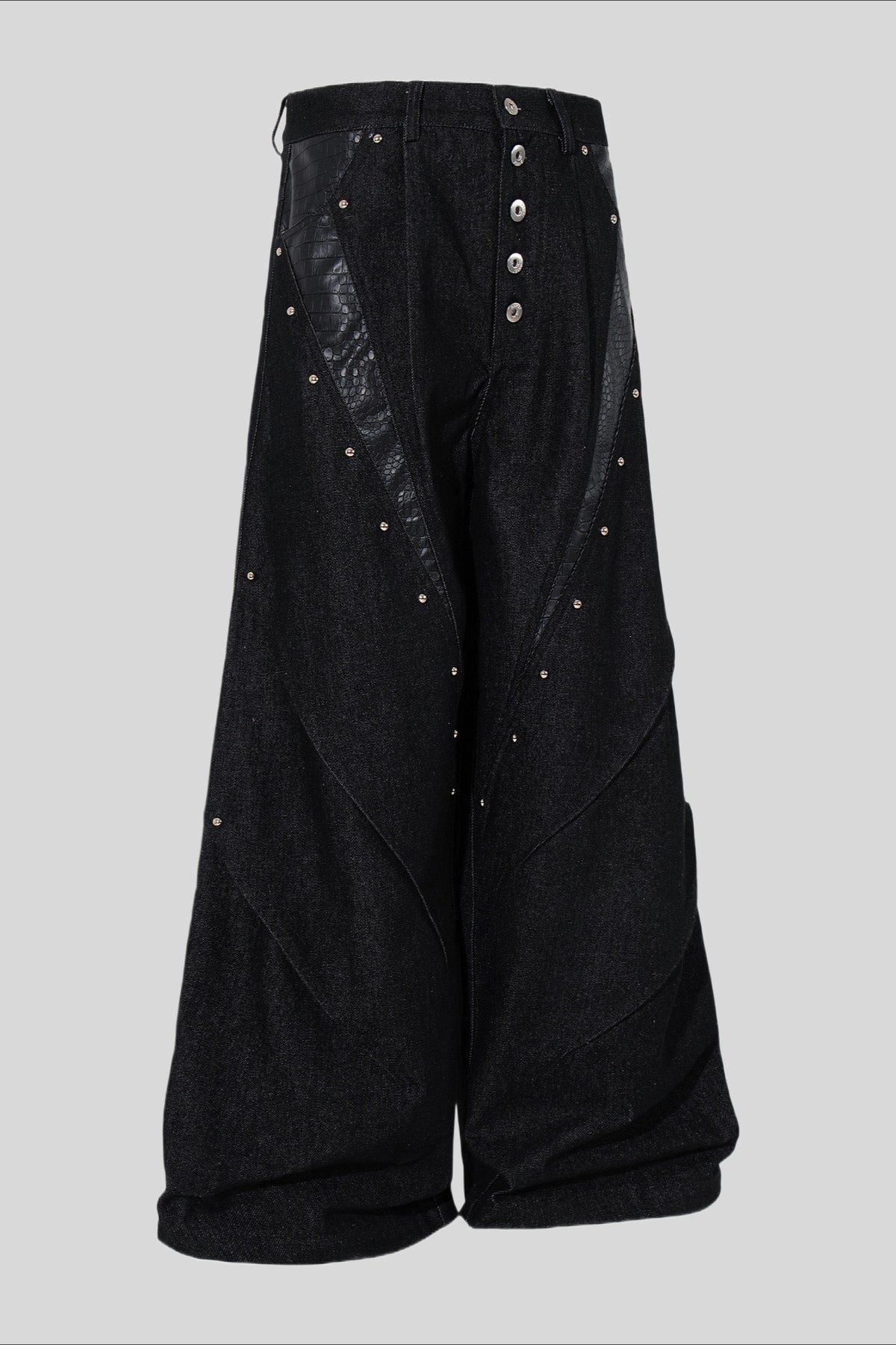 Studded Faux Leather Patchwork Wide Leg Pants