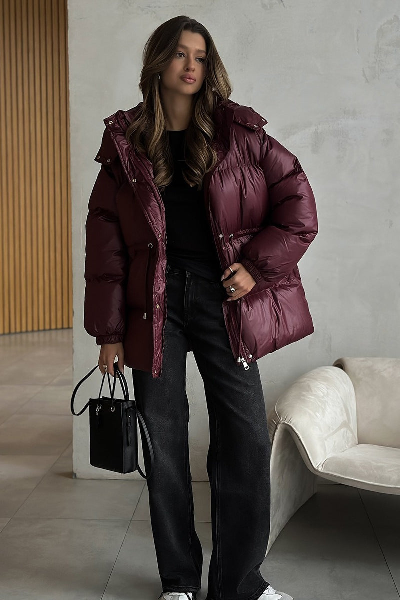 Adjustable Drawstring Hooded Puffer Jacket S / Red