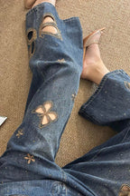 Heavy Embroidery Rhinestone Cutout High Waist Jeans