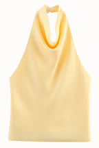 Beige Satin Texture Chic Halter Top