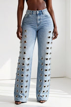 Metal Eyelet High Rise Washed Straight Leg Jeans