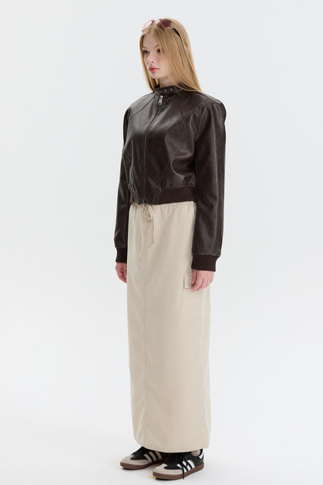 PU Leather Zip Up Bomber Jacket