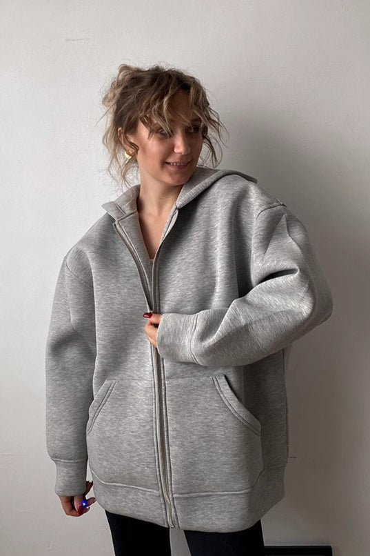 Grey Loose Fit Casual Zip Up Basic Jacket Hoodie Secondary image
