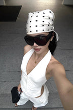 White Two Piece Halter Open Back Fitted Vest Pants Set