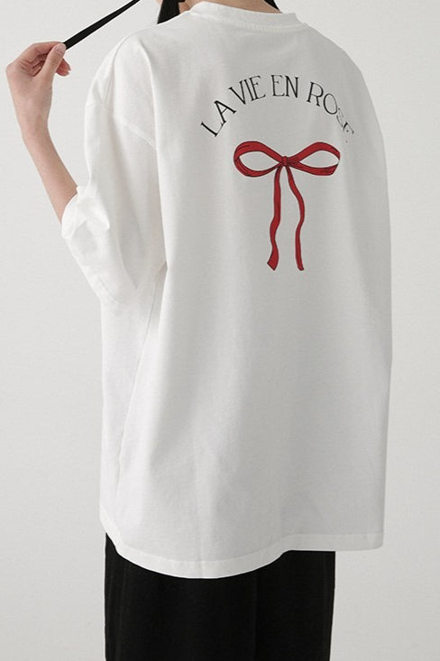 Cotton Bow Print Minimalist Short Sleeve Tee