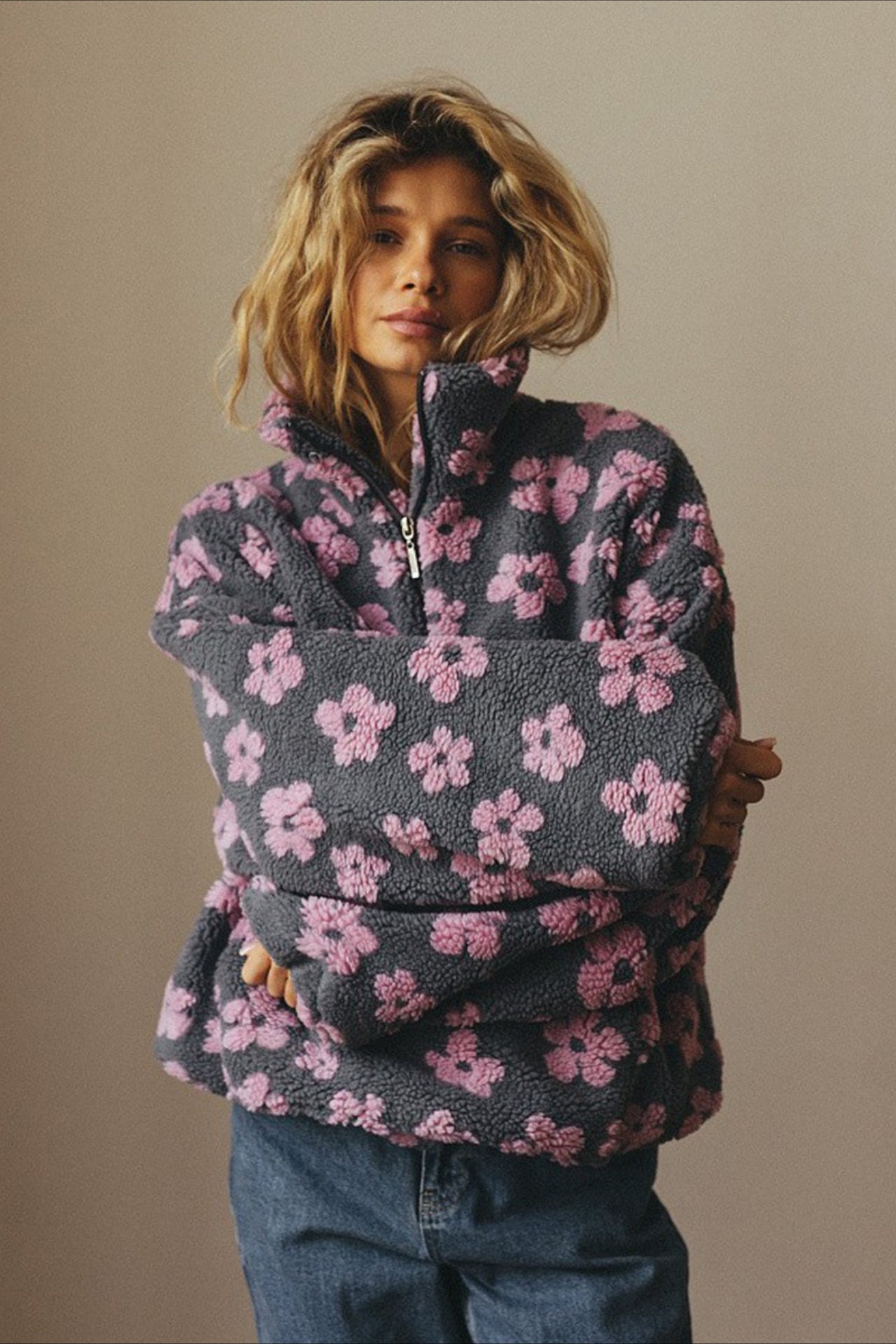 Floral Sherpa Quarter Zip Pullover Sweatshirt