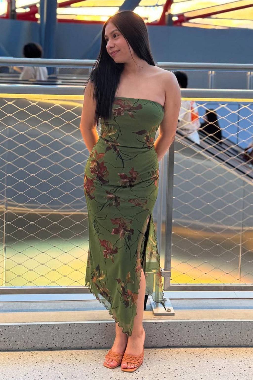 Strapless Printed Slit Double Layer Floral Dress