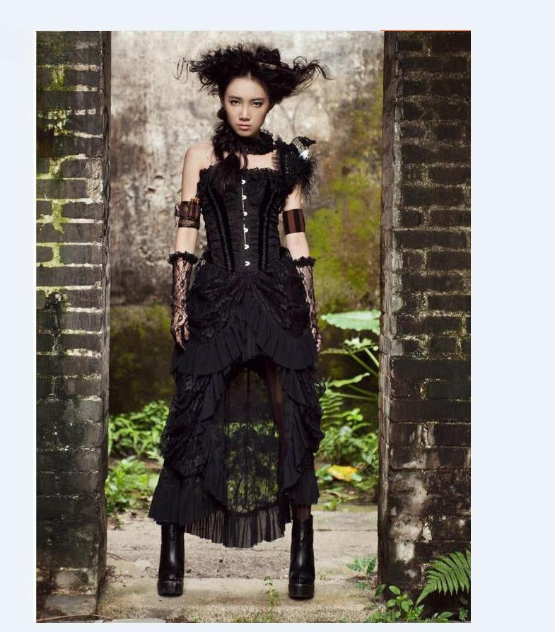 New Retro Victorian Lace-Up SteamGothic Long Ruffle Skirt