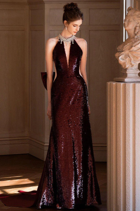 Sequin Burgundy Halter Mermaid Train Prom Dress Main image