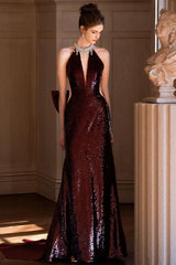 Sequin Burgundy Halter Mermaid Train Prom Dress
