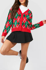 Vintage Argyle V Neck Button Christmas Cardigan