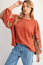 Waffle Knit Patchwork Sleeve Sweatshirt