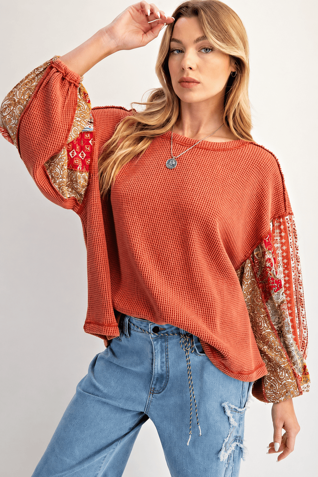 Waffle Knit Patchwork Sleeve Sweatshirt