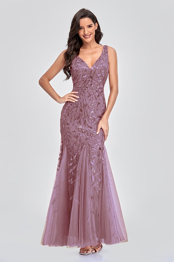 V Neck Sheer Embroidered Sequin Sexy Prom Dress Secondary image