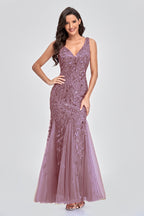 V Neck Sheer Embroidered Sequin Sexy Prom Dress