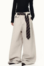 Pleated Tie Detail Wide Leg Draped Pants