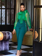 Solid Color Belted Pencil Pants Dark Green / M Pants