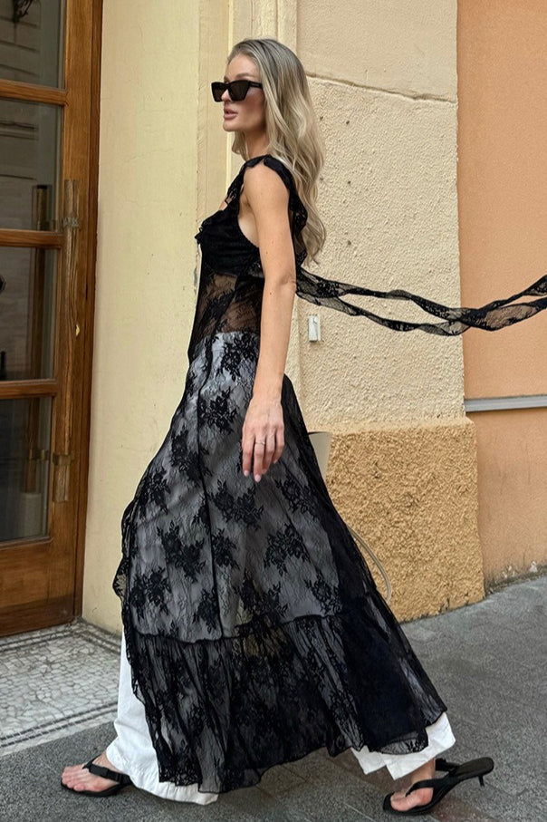 Black Elegant Lace Jacquard Cami Maxi Dress Main image