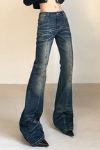 Front Rivet Slim Flare Leg Long Jeans