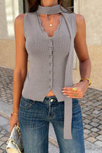 Grey Lace V Neck Button Knit Tank Top