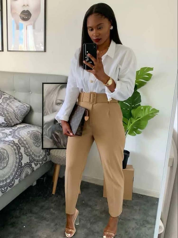 Solid Color Belted Pencil Pants Pants
