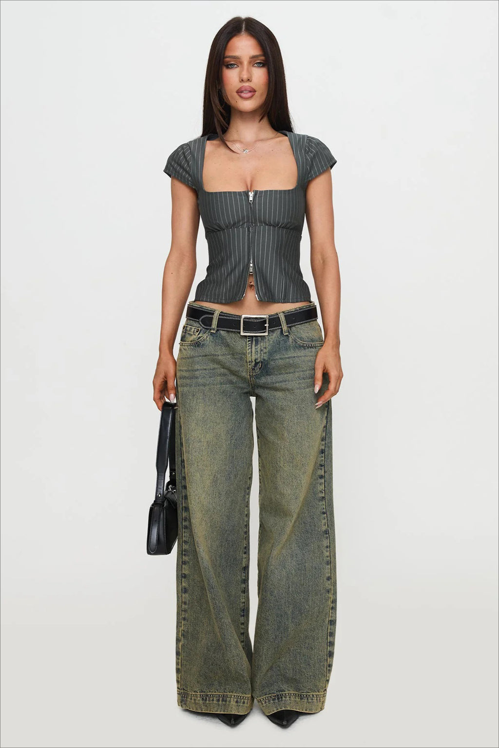 Vintage Square Neck Two Way Zip Stripe Crop Top